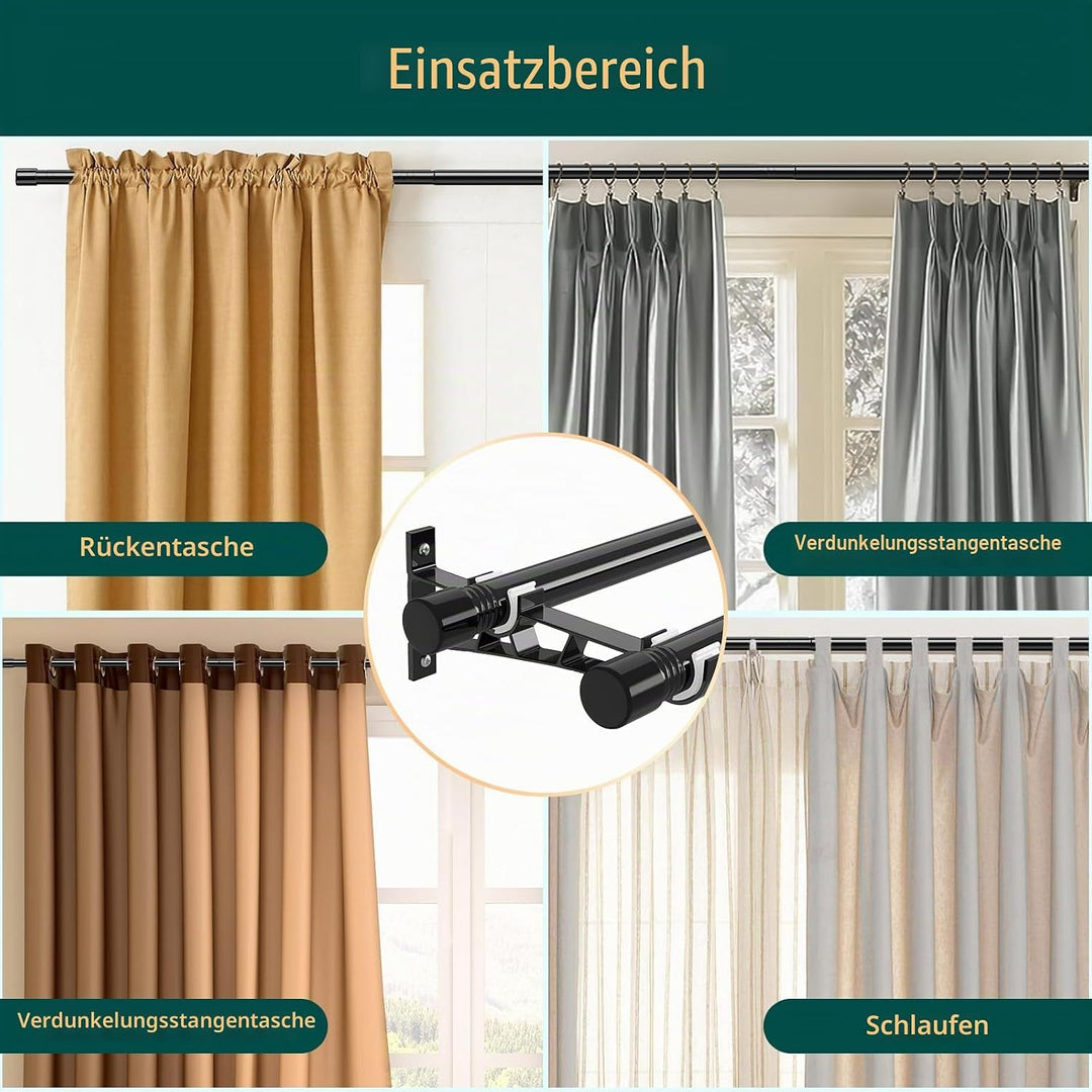 Gardinenstange Schwarz, 76-222cm, Vorhangstange Doppelläufig Metall Ausziehbar, Scheibengardinenstan