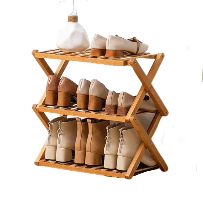 3 Ebenen Faltbares Schuhregal, Schuhregal Platzsparend Holz, Freistehendes Schuhregal für Eingangsbe