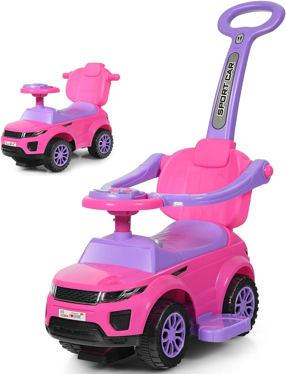 COSTWAY 3 in 1 Rutschauto Schiebeauto, Rutschfahrzeug mit abnehmbarem Schiebgriff, Schutzbügel & ver