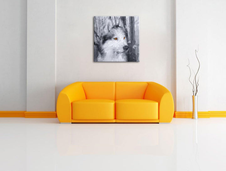 Pixxprint Wachsamer Husky Pinsel Effekt, Format: 70x70 auf Leinwand, 70x70