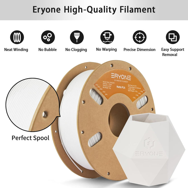 ERYONE Matte PLA 3D Drucker Filament 1.75mm, Massgenauigkeit +/- 0.03 mm, 1 kg 1 Spule, Matte Weiss,