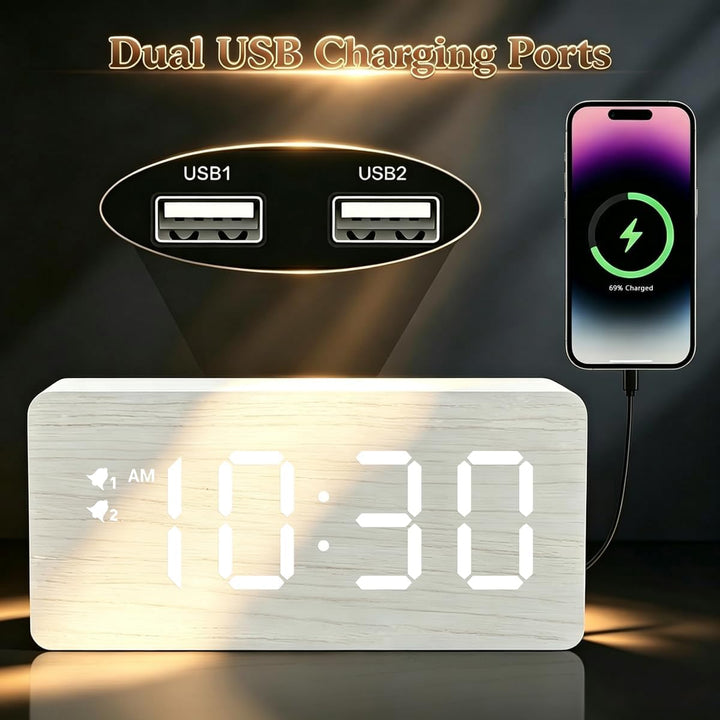 URAYCO Digitaler Wecker aus Holz, 10 W schnelle kabellose Ladestation und USB-Anschluss, mit stufenl
