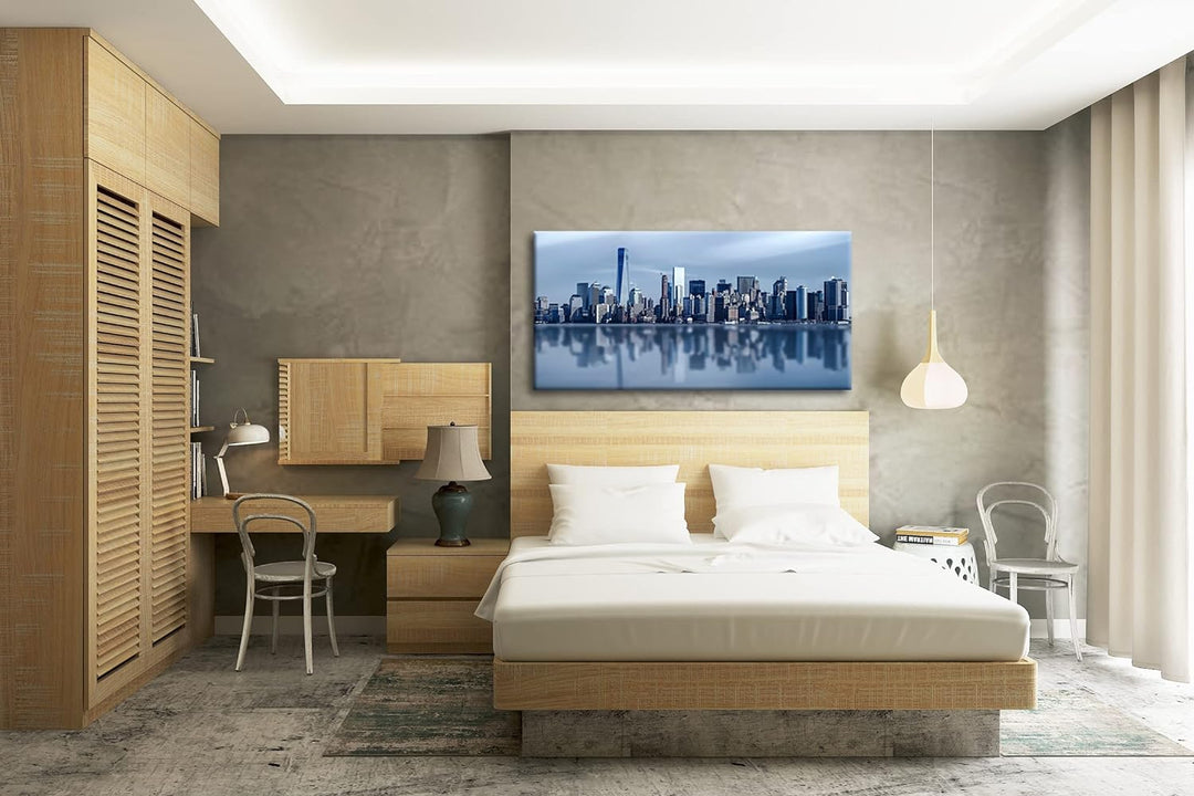 Küste von New York Panorama 120x60 cm als Leinwandbild, Motiv fertig gerahmt auf Echtholzrahmen, Hoc