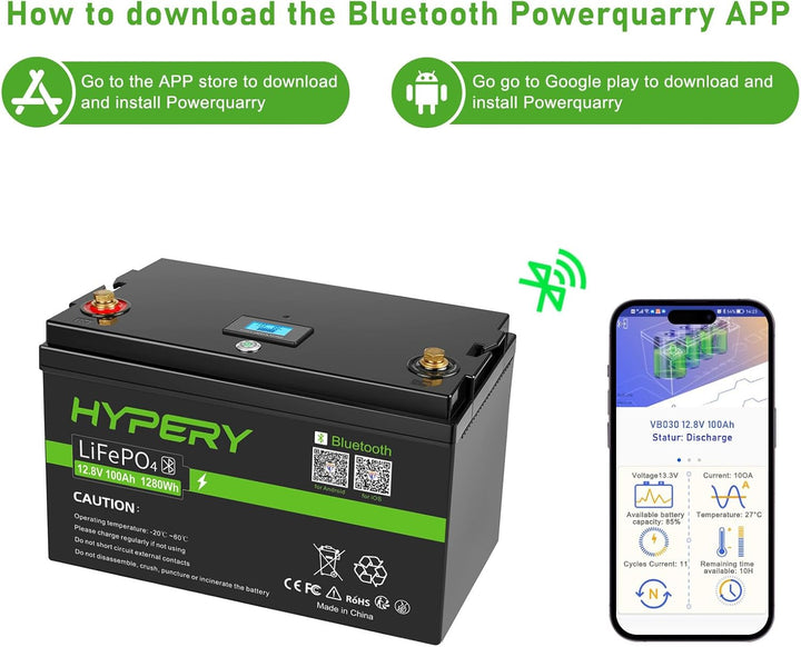 Smart 12V 100Ah LiFePO4 Batterie mit Bluetooth, LED-Display, Startschalter und BMS, perfekte Lithium