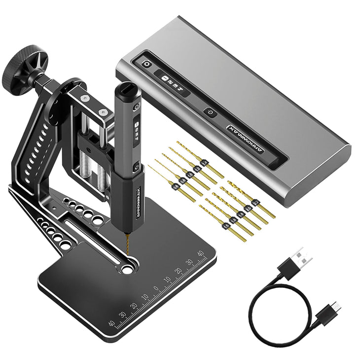 4-Gang-Elektro-Mini-Bohrstift mit Hedgehog-Tischpresse, ARROWMAX 10 kleine Bohrer mit Aluminiumbox,