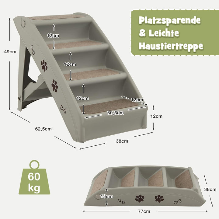 COSTWAY 4-stufige Haustiertreppe mit Teppichboden, Hundetreppe Kunststoff Katzentreppe faltbar, Hund