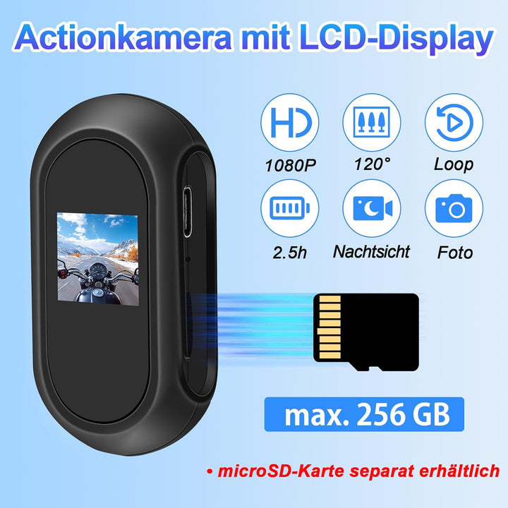 Mini Kamera Action, 160 Minuten Aufnahmezeit Action Cam Mini, 1080P HD & 120° Weitwinkel Bodycam mit