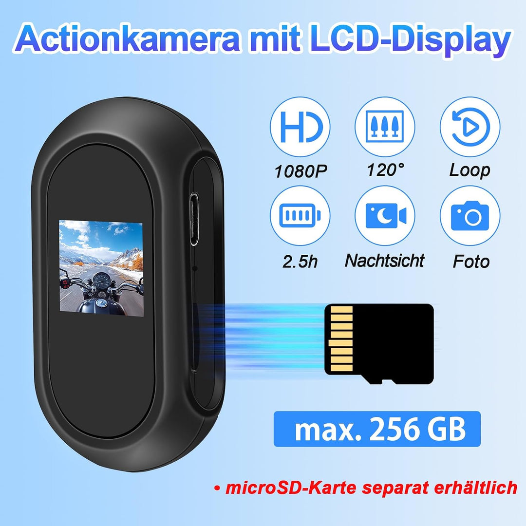 Helmcam Mini, 1080P Action Cam Motorrad, Nachtsicht &amp; Magnet