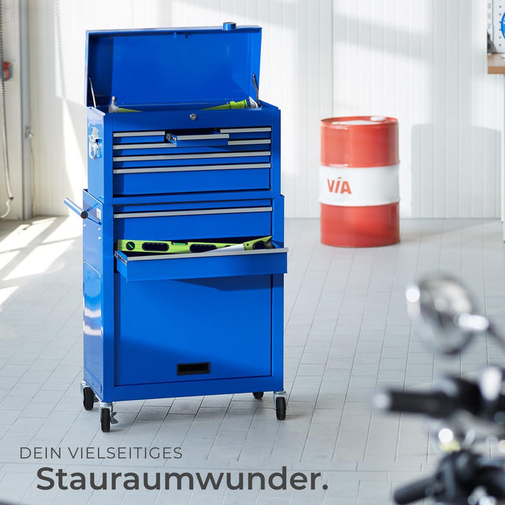 tectake Werkstattwagen Trolley mit Kofferaufsatz, Werkzeug Wagen abschliessbar, 10 Fächer, Mobile We