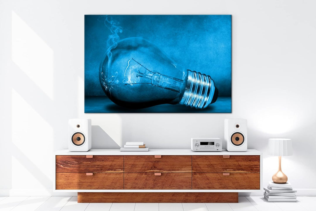 deyoli leuchtende Glühbirne Format 80x60 Effekt: Monocrome Blau als Leinwandbild, Motiv fertig gerah