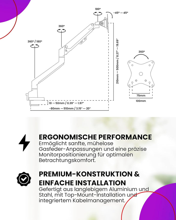 Arozzi Alzare Neo Single Gasdruckfeder-Monitorarm - Vollbewegung, Höhenverstellbar 21–50 cm, VESA 75