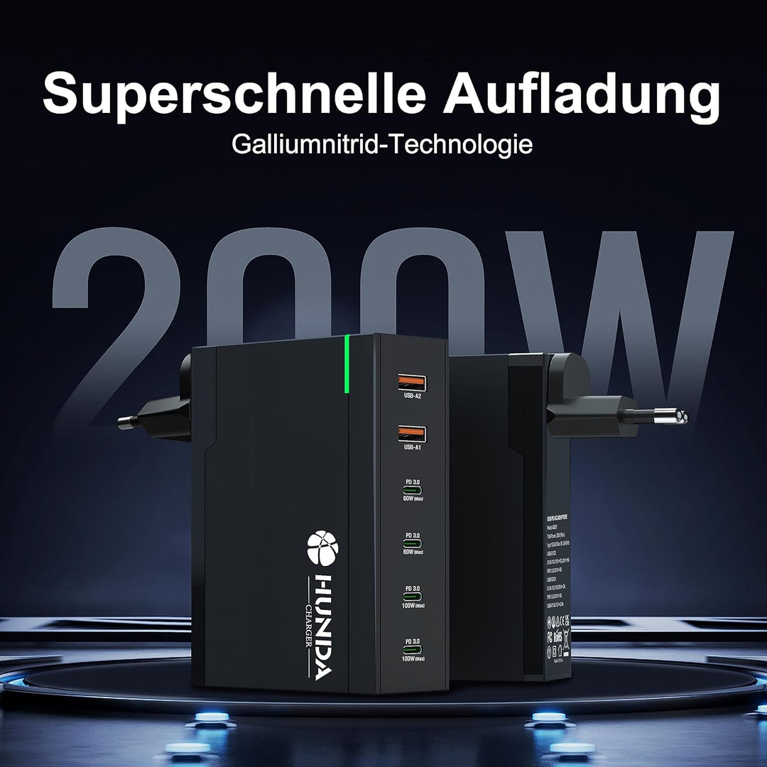 200W USB C Ladegerät,HUNDA GaN LadegerätUSB C 6 Ports,USB C Schnellladegerät Unterstützt 100W PD3.0
