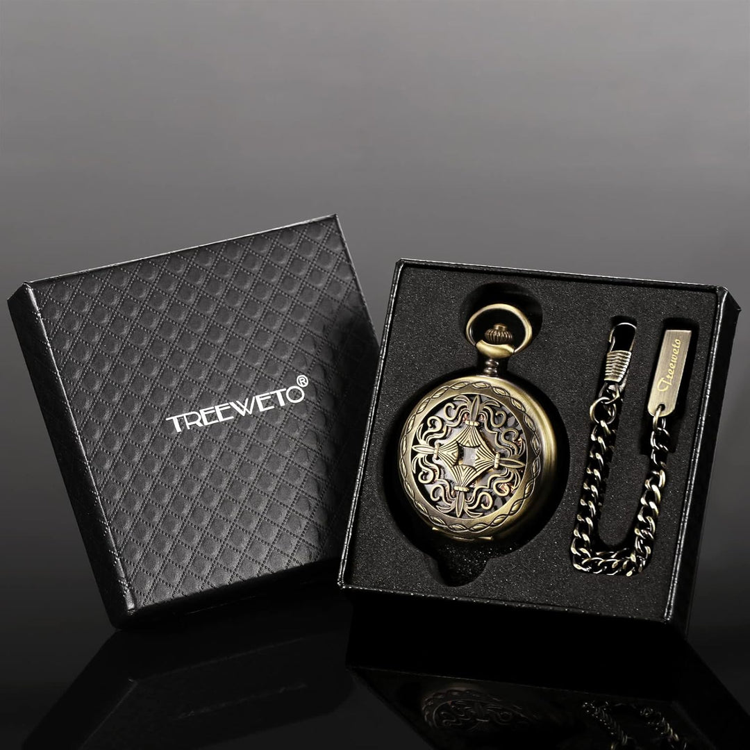 TREEWETO Herren Antik Bronze/Schwarz Steampunk Kupfergehäuse Skelett Mechanische Taschenuhr für Männ