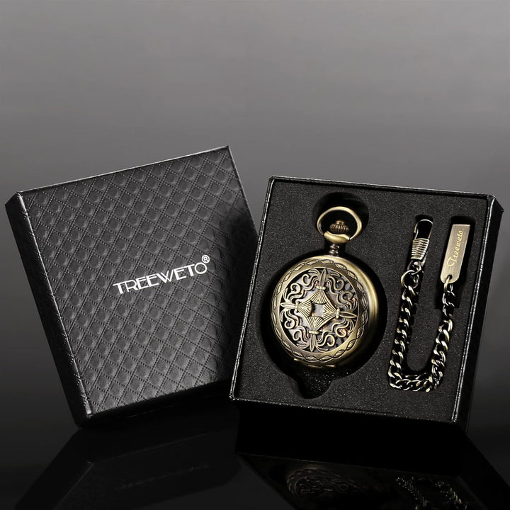 TREEWETO Herren Antik Bronze/Schwarz Steampunk Kupfergehäuse Skelett Mechanische Taschenuhr für Männ