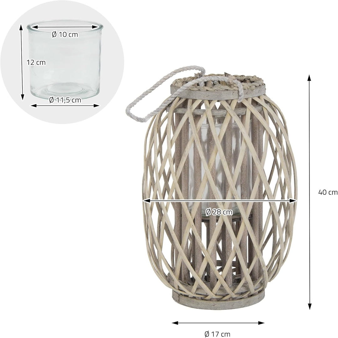 ECD Germany Laterne Ried 40xØ26 cm mit Henkel, Natur Grau/Braun, Holz Flechtoptik Rattan Windlicht m