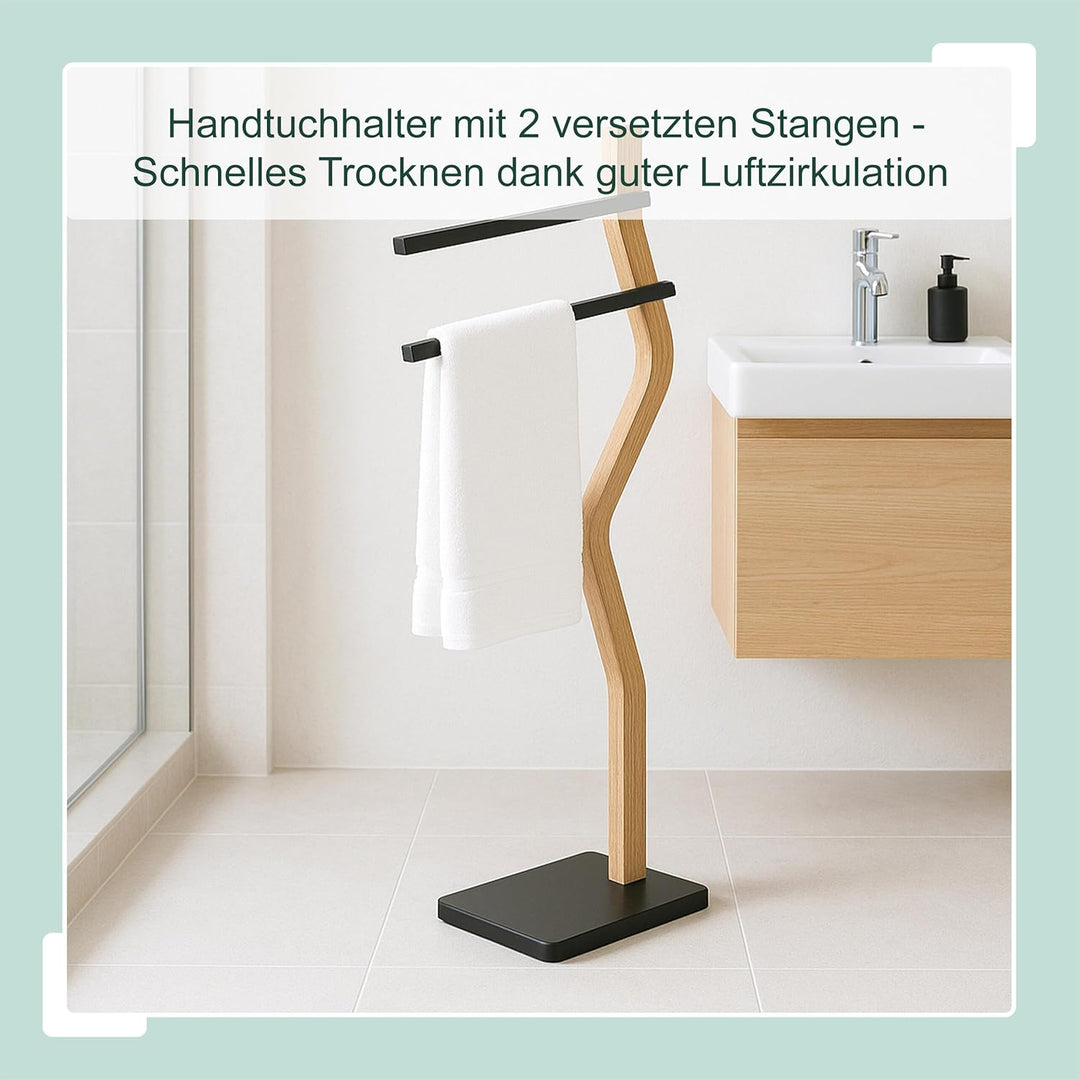Relaxdays Handtuchständer, HxBxT: 86 x 37 x 18 cm, Metall, Holz, 2 Stangen, stehender Handtuchhalter
