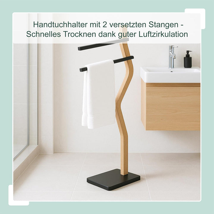 Relaxdays Handtuchständer, HxBxT: 86 x 37 x 18 cm, Metall, Holz, 2 Stangen, stehender Handtuchhalter