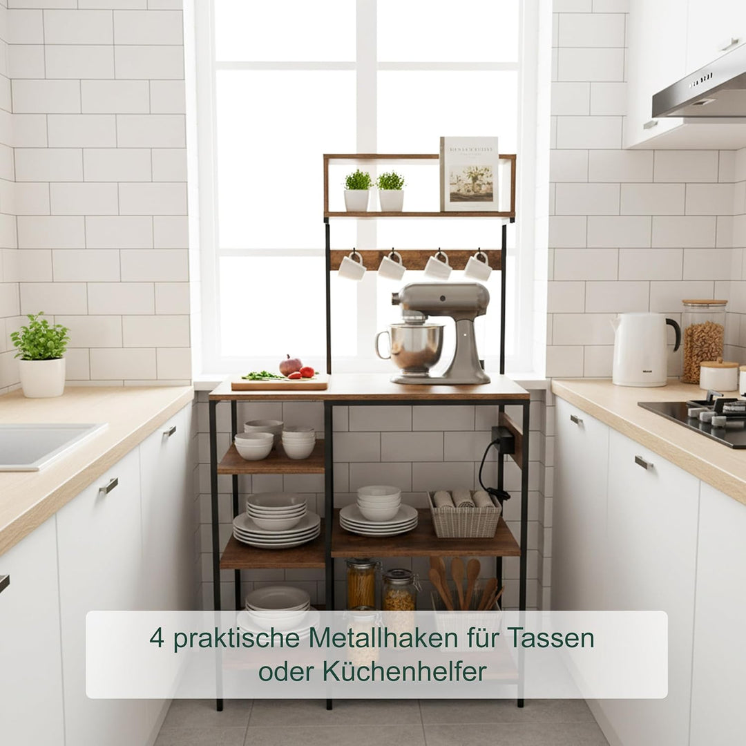 Relaxdays Küchenregal mit Steckdose & USB, HBT: 151x82x40 cm, Mikrowellen-Regal, Holzoptik, offen, M