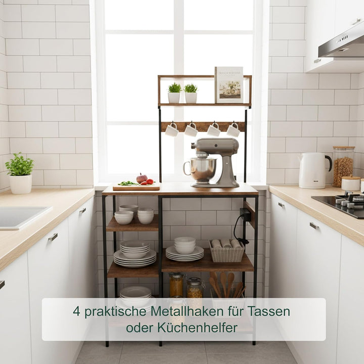 Relaxdays Küchenregal mit Steckdose & USB, HBT: 151x82x40 cm, Mikrowellen-Regal, Holzoptik, offen, M