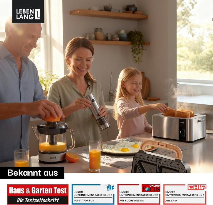 LEBENLANG Langschlitz Toaster 4 Scheiben mit Brötchenaufsatz - Touchscreen LED Display & 7 Stufen I