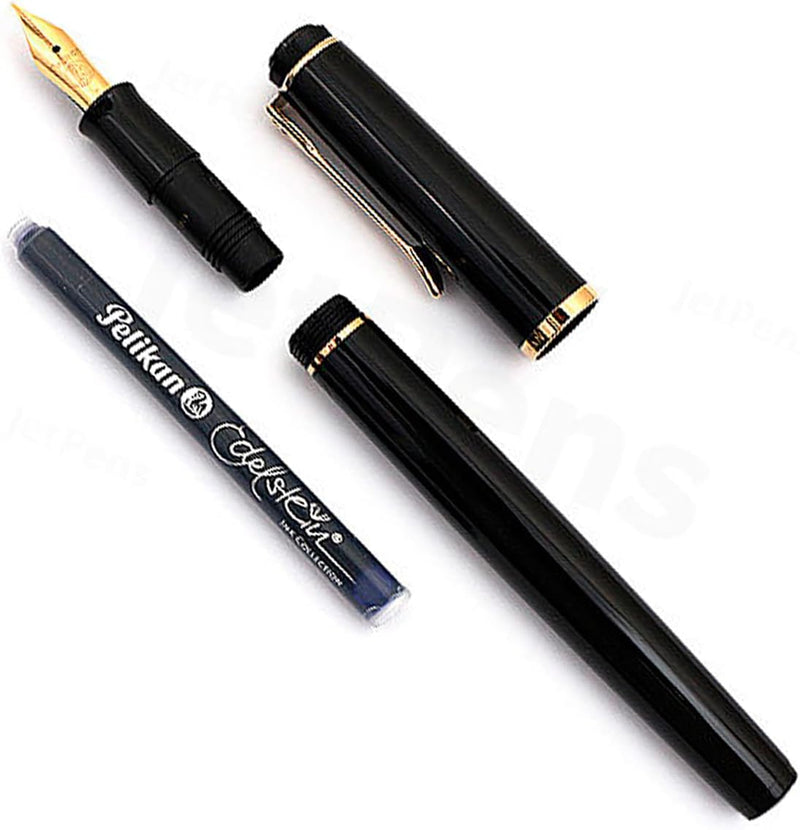 Pelikan Füllhalter Classic 200, Schwarz, Feder B (breit), hochwertiger Kolbenfüller im Geschenk-Etui