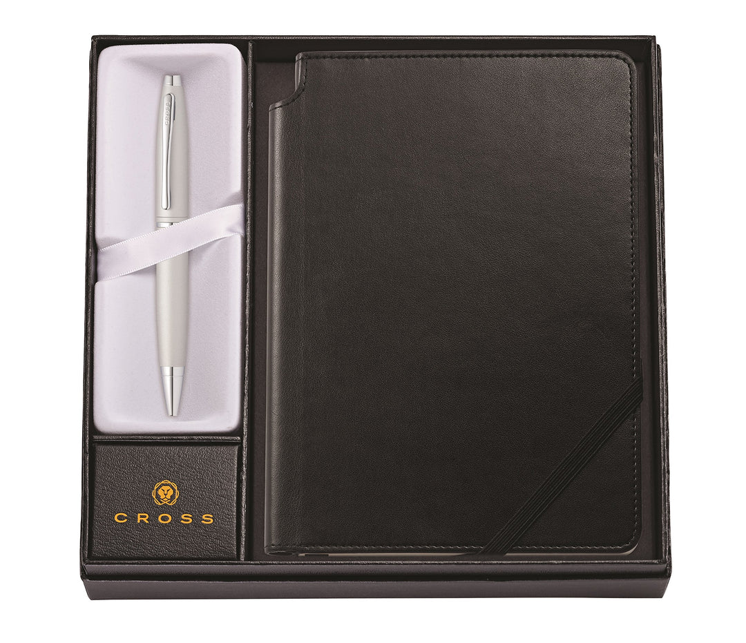 Cross Calais Kugelschreiber (Drehmechanik, mit schwarzem Journal Notizbuch als Geschenkset) Satin-Ch