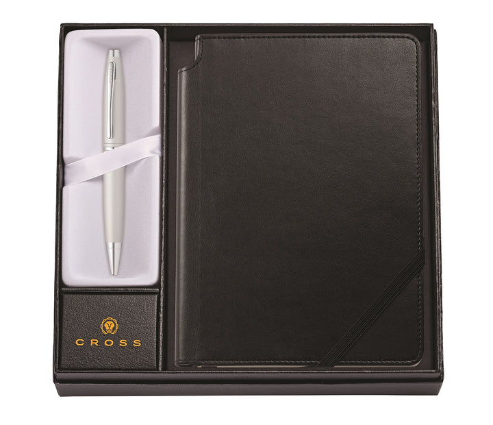 Cross Calais Kugelschreiber (Drehmechanik, mit schwarzem Journal Notizbuch als Geschenkset) Satin-Ch