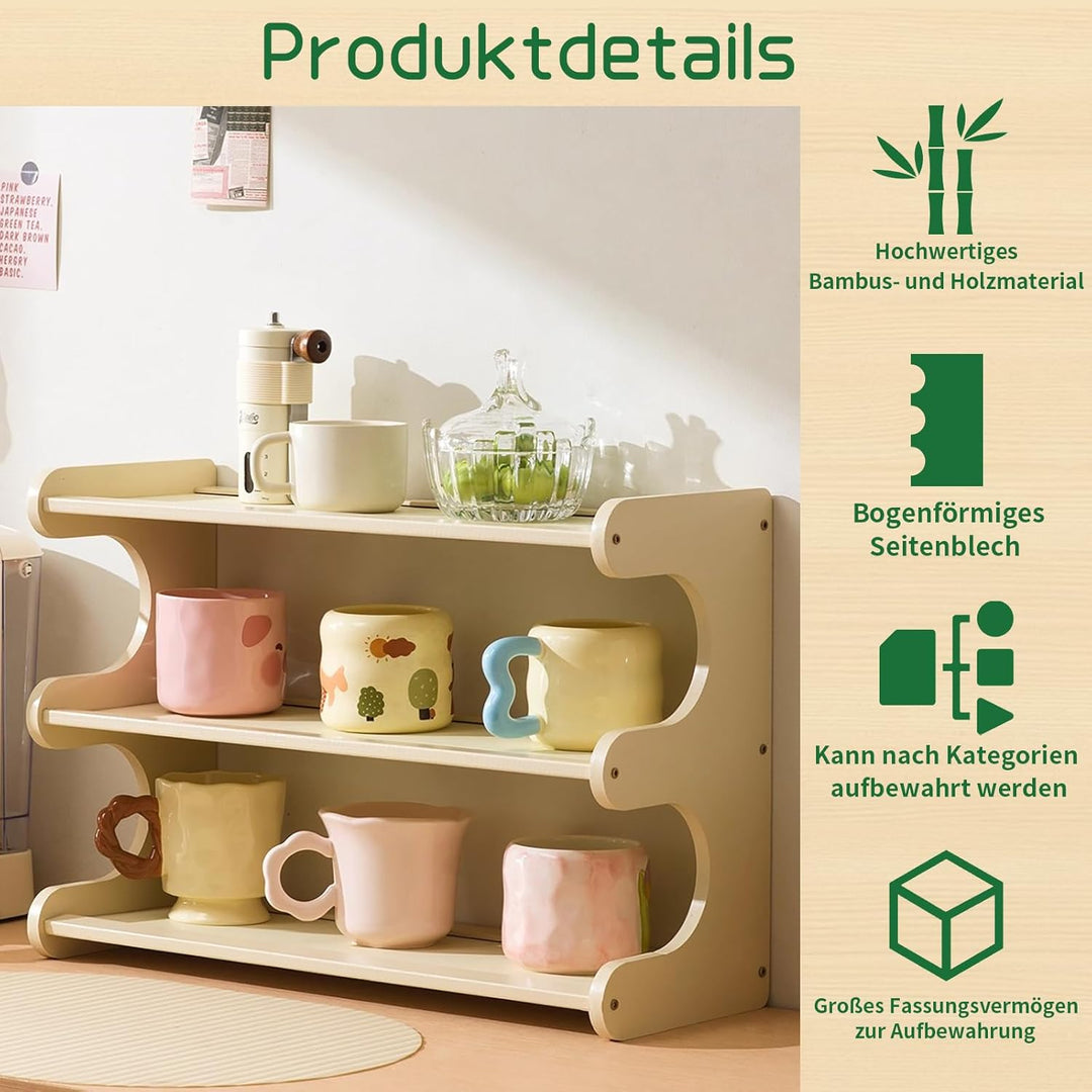 Gewürzregal aus Bambus für die Küche, 3 Ebenen Tischorganizer mit Bogen-Design, Schreibtischregal fü