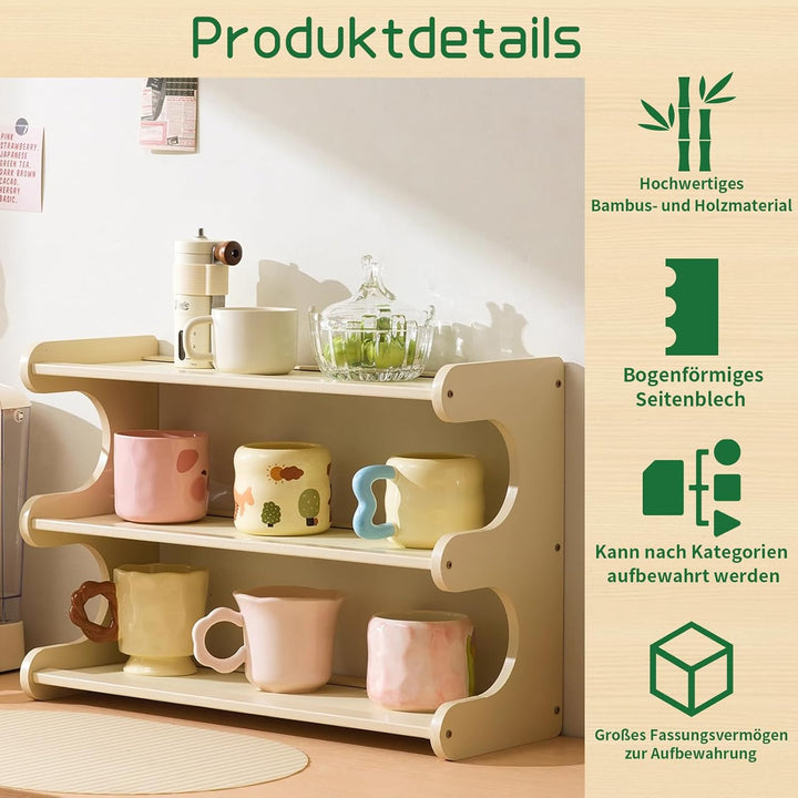 Gewürzregal aus Bambus für die Küche, 3 Ebenen Tischorganizer mit Bogen-Design, Schreibtischregal fü