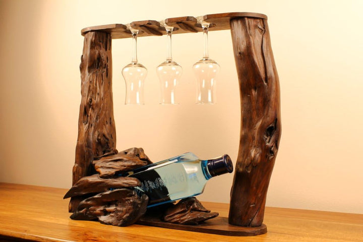 Kinaree XL Wurzelholz Flaschenständer - Teak Flaschenhalter - Edel und Dekorativ für 1 Flasche und 3