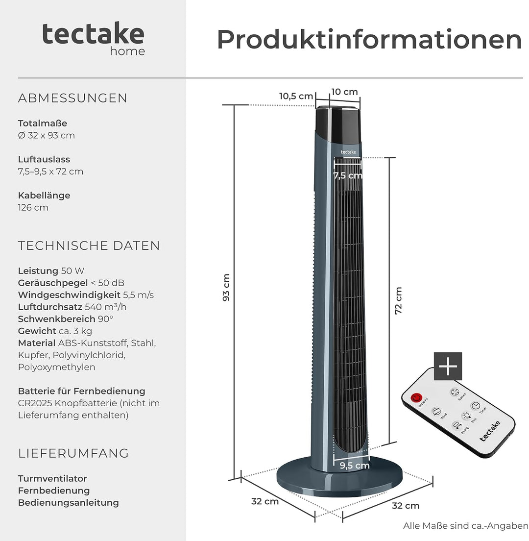 TecTake® Turmventilator, 93 cm, extrem leise, energiesparend, 90° Schwenkfunktion, 3 Modi, 3 Stufen,