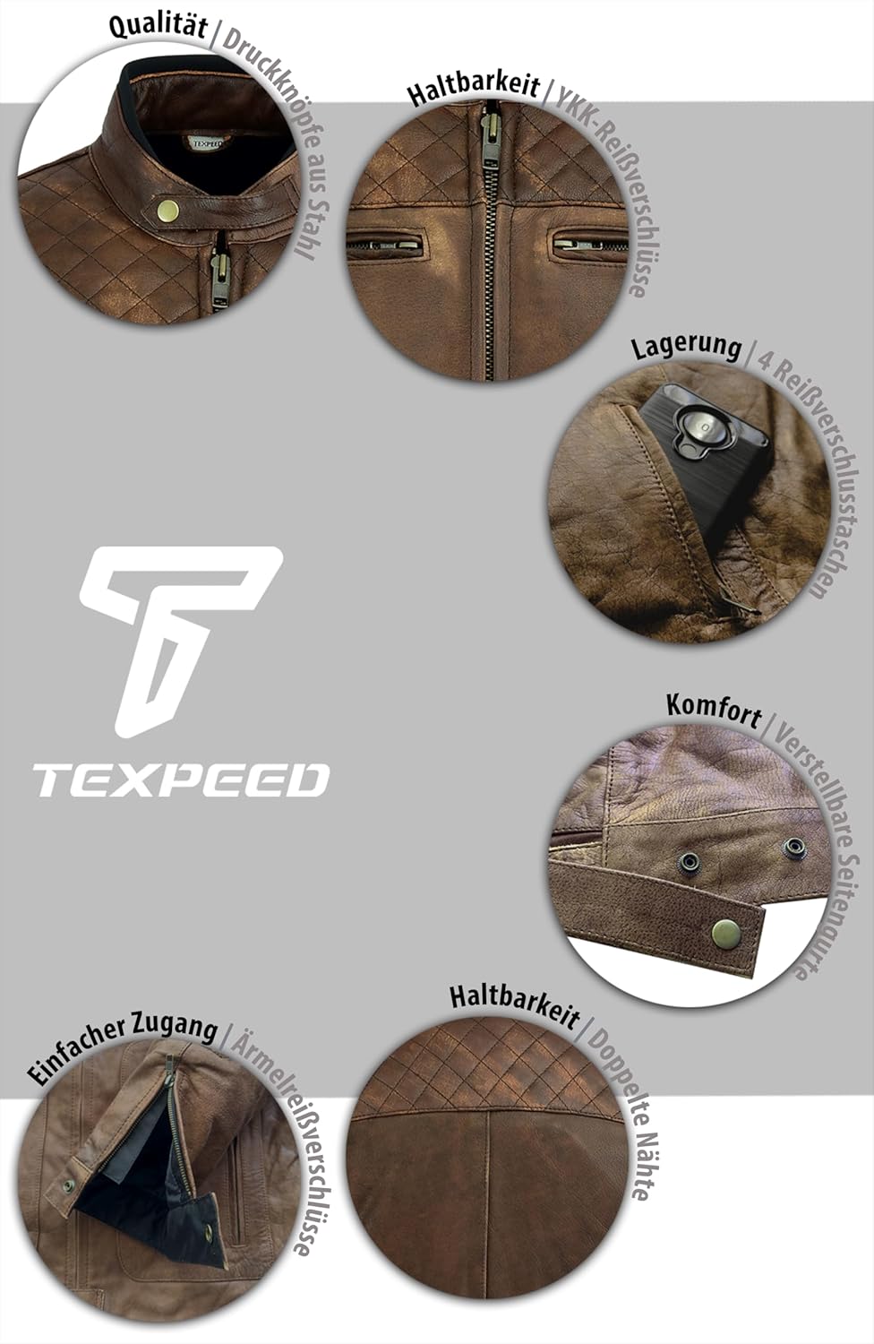 Texpeed Braun Motorrad lederjacke herren mit protektoren - Leder mit Rautensteppung - Motorrad Mit O