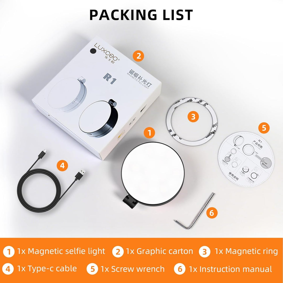 Magnetische Selfie-Licht, Handy-Licht kompatibel, 5 Level 2500K-6500K, CRI 95+, 360° LED Selfie Ring