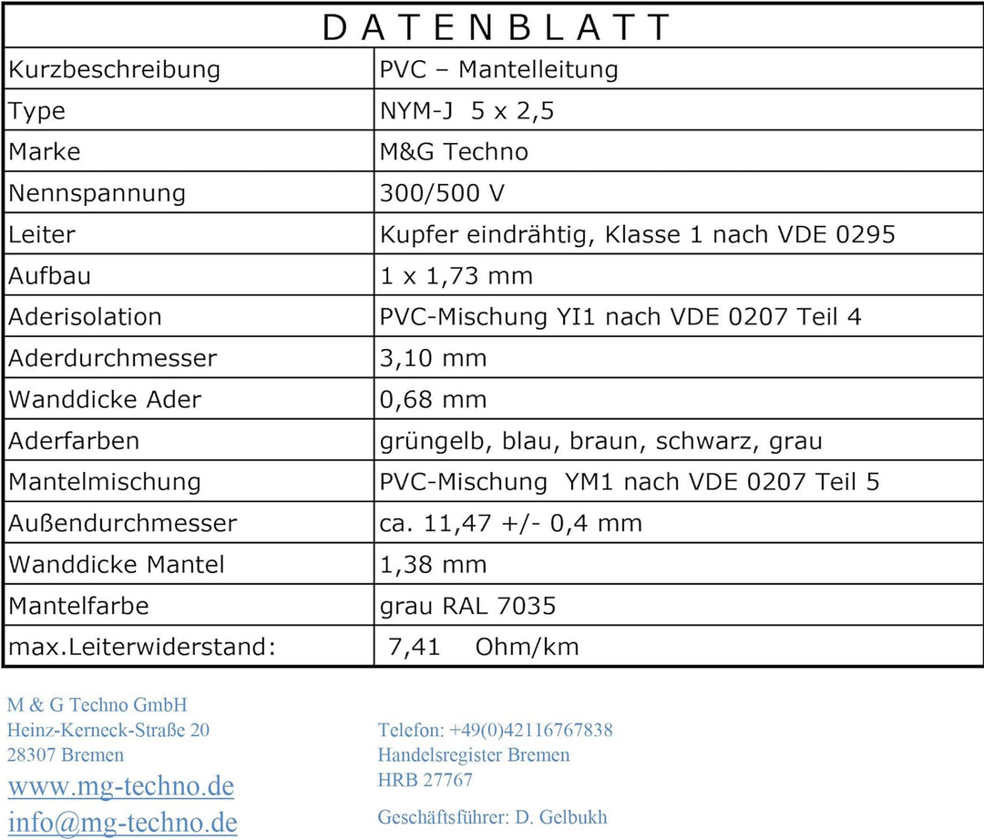 M&G Techno 10m NYM-J 5x2,5 mm² Mantelleitung Elektro Strom Kabel Kupfer eindrähtig Made in Germany,