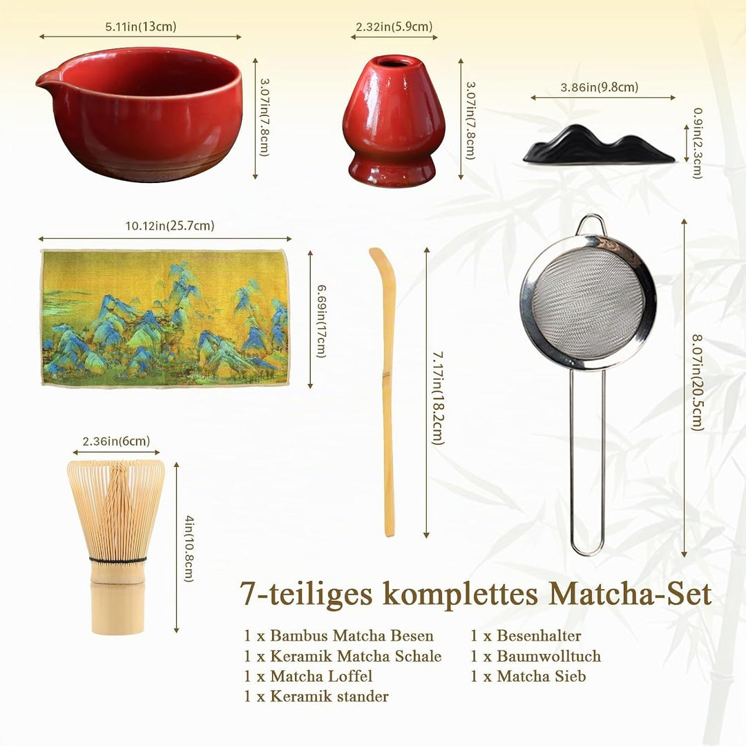 Matcha Set Handgedrehtes Macha Tea Set mit Bambus Matcha Besen, Keramik Matcha Schale, Löffel und Ha