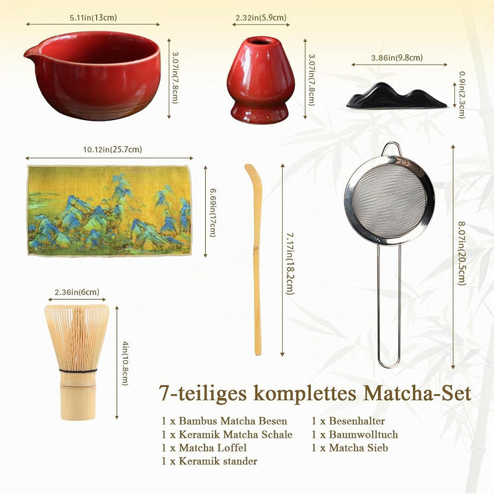 Matcha Set Handgedrehtes Macha Tea Set mit Bambus Matcha Besen, Keramik Matcha Schale, Löffel und Ha