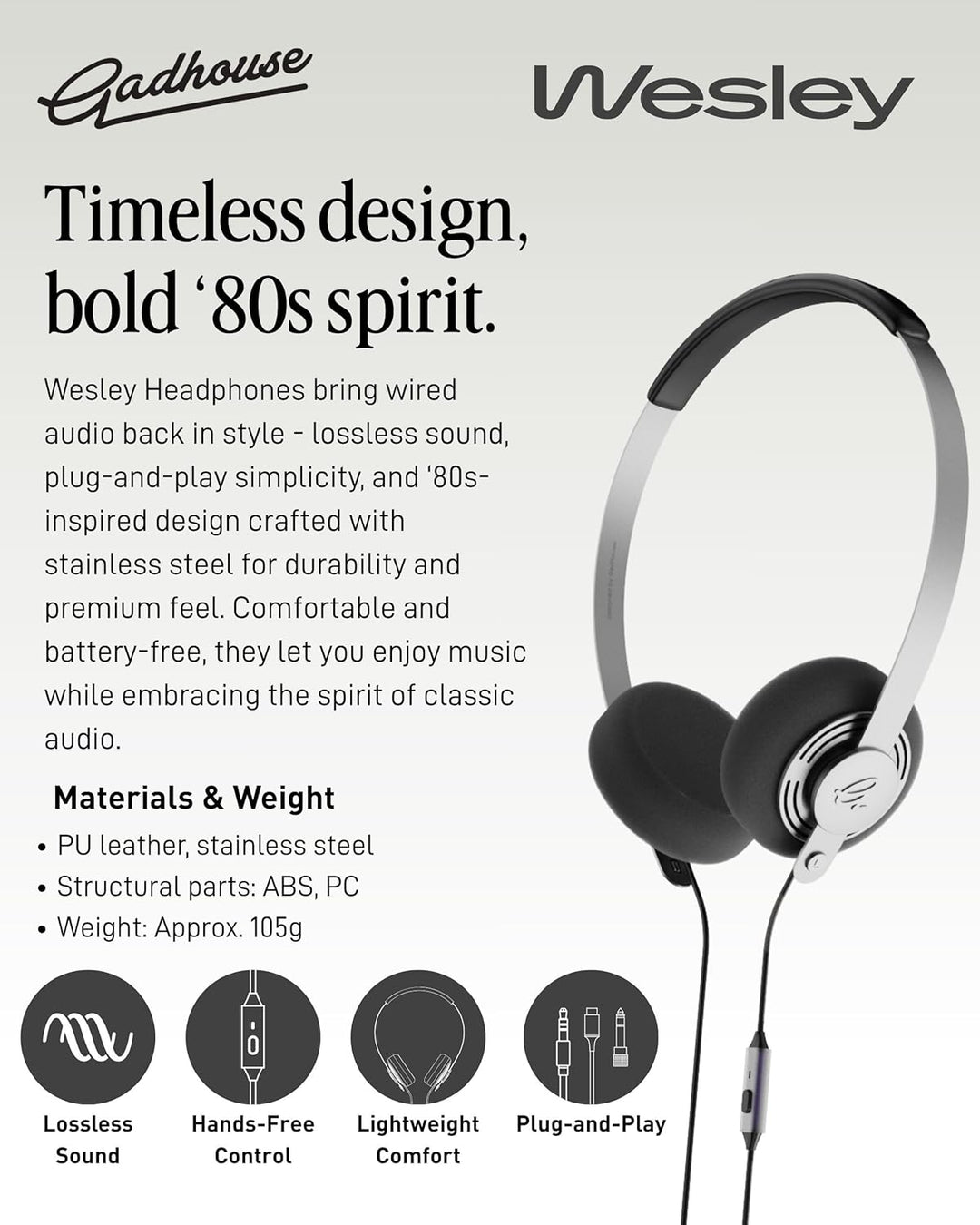 Gadhouse Wesley Retro-Kopfhörer mit USB-C und 3,5-mm-Konnektivität – Vintage-Kopfhörer, Walkman-Stil