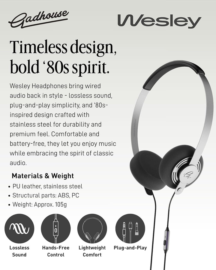 Gadhouse Wesley Retro-Kopfhörer mit USB-C und 3,5-mm-Konnektivität – Vintage-Kopfhörer, Walkman-Stil