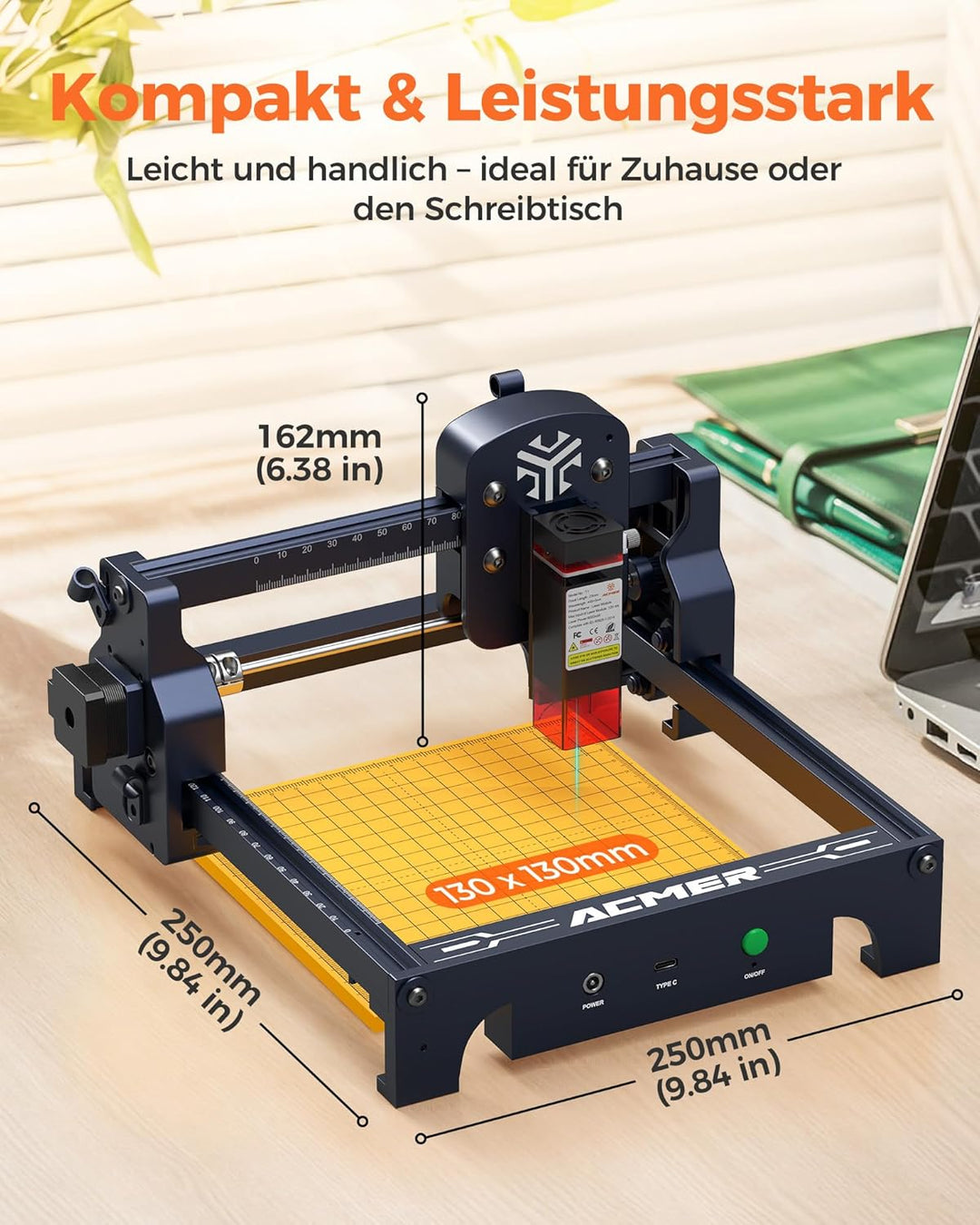 Acmer T1 3,5W Laser Gravur Maschine,Kompakter Laser Cutter für Werkstatt,130×130mm,10000 mm/min,0,01