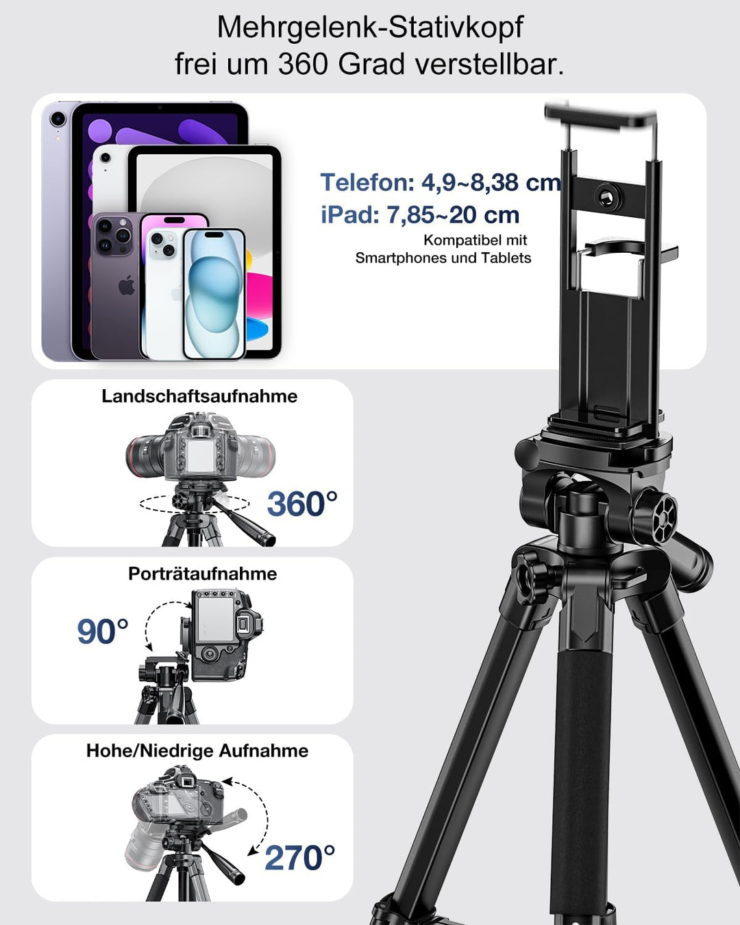 CAMBOFOTO 186cm Kamera Stativ und Einbeinstativ, Professionelles Aluminium Fotostativ für DSLR/Spieg