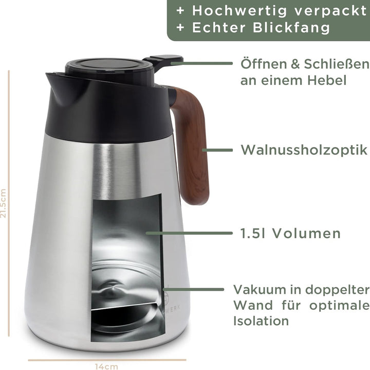 WALDWERK Thermoskanne (1,5L) - Kaffeekanne aus doppelwandigem 304 Edelstahl - Isolierkanne mit tropf