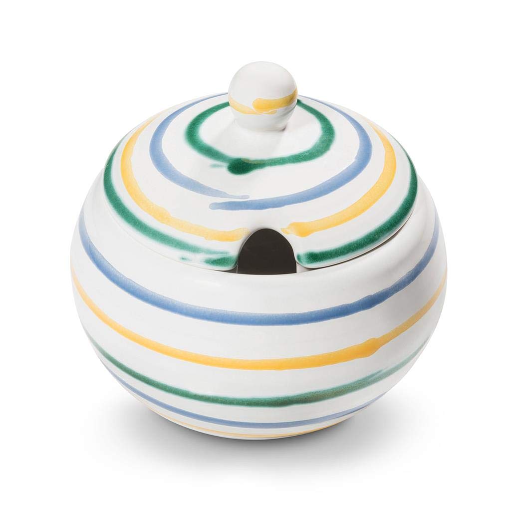 GMUNDNER KERAMIK Zuckerdose mit Ausschnitt Durchmesser : 10 cm Buntgeflammt Geschirr, handgemacht in