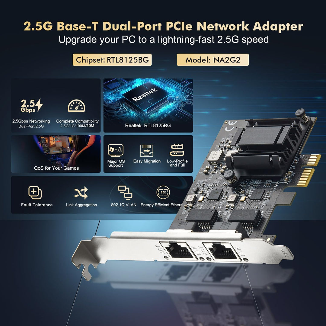 Binardat 2 Ports 2.5G PCIe Netzwerk Adapter, RTL8125B LAN Controller 2500/1000/100Mbps Ethernet RJ45
