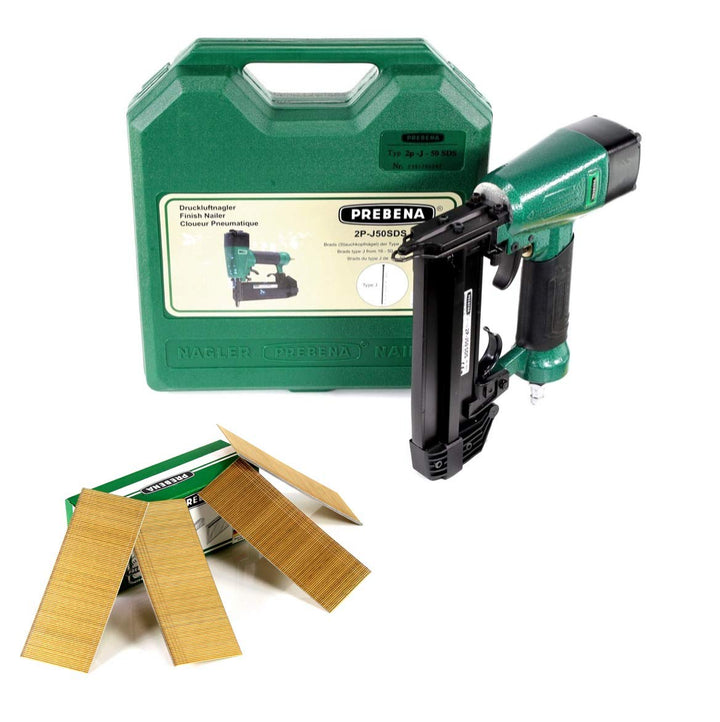 Prebena 2P-J50SDS Luftdruck Druckluftnagler 5-7 bar im Transportkoffer + Prebena Stauchkopfnägel Bra