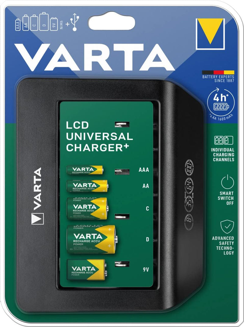 VARTA Universal Charger+, Ladegerät für Akkus in AA/AAA/9V und USB Geräte, Einzelschachtladung LCD U