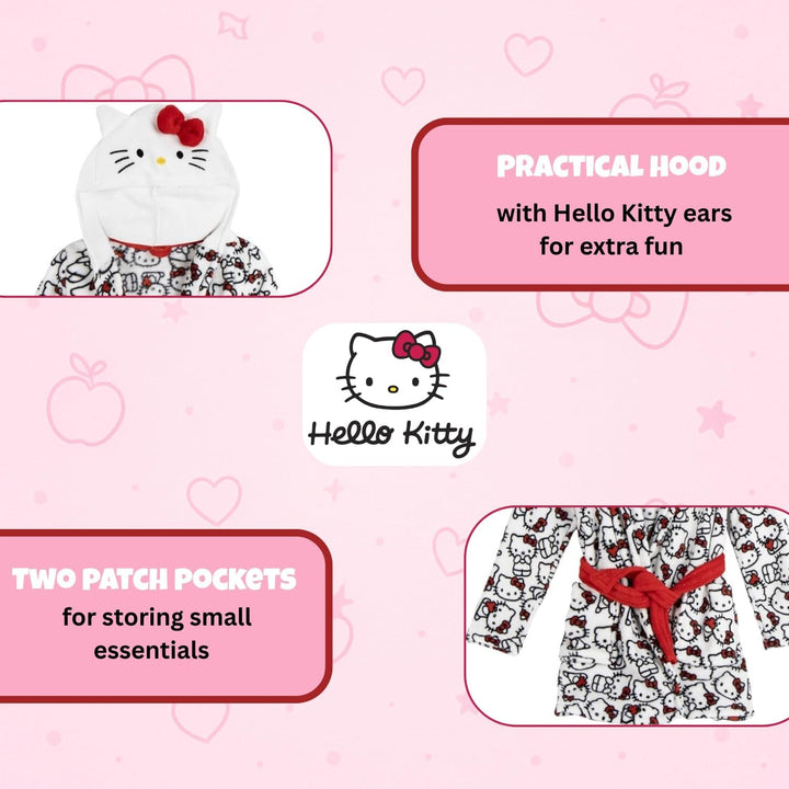Hello Kitty Mädchen Kinder Bademantel mit Kapuze – Flauschiger Morgenmantel mit niedlichem Katzen-De
