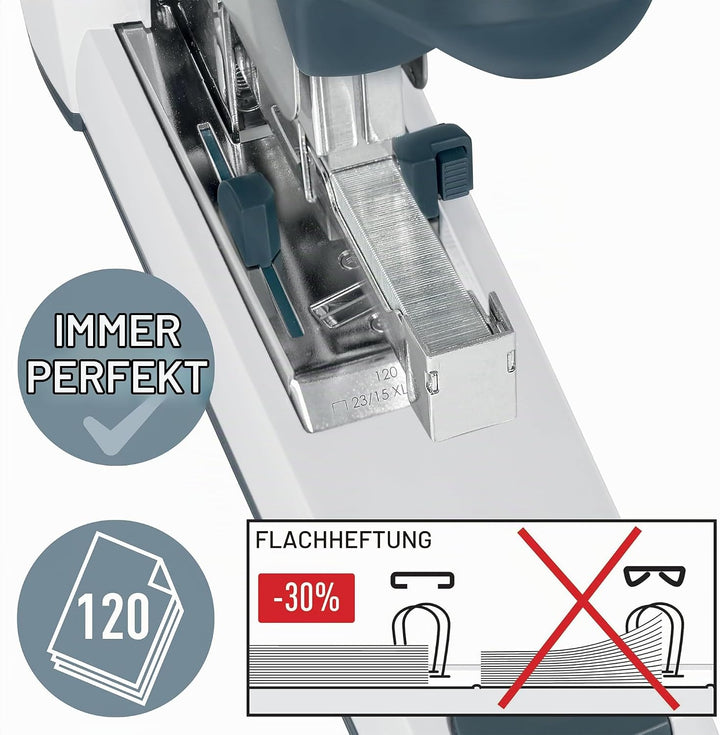 Leitz Superheftgerät, Für 120 Blatt Papier, Inkl. Heftklammern, Ergonomisches Design, Silber, 555300