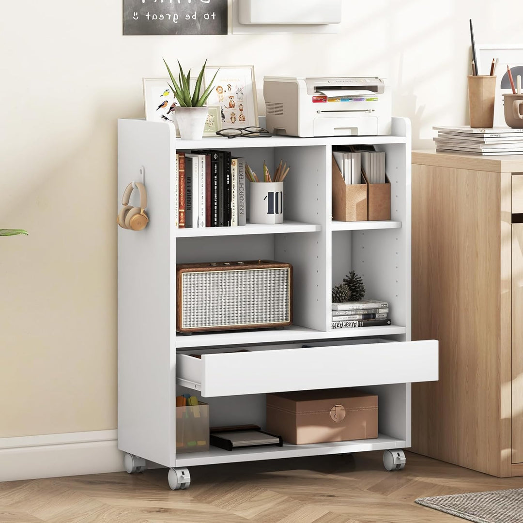 GIANTEX Rollcontainer, Bücherregal mit Schubladen, Rollen & Haken, 63,5 x 30 x 84,5 cm Aktenschrank