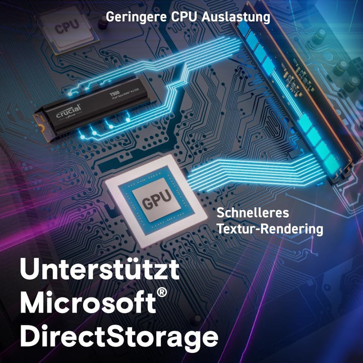 Crucial T500 SSD 1TB PCIe Gen4 NVMe M.2 Interne PS5 SSD Festplatte mit Kühlkörper, bis 7300MB/s, Lap