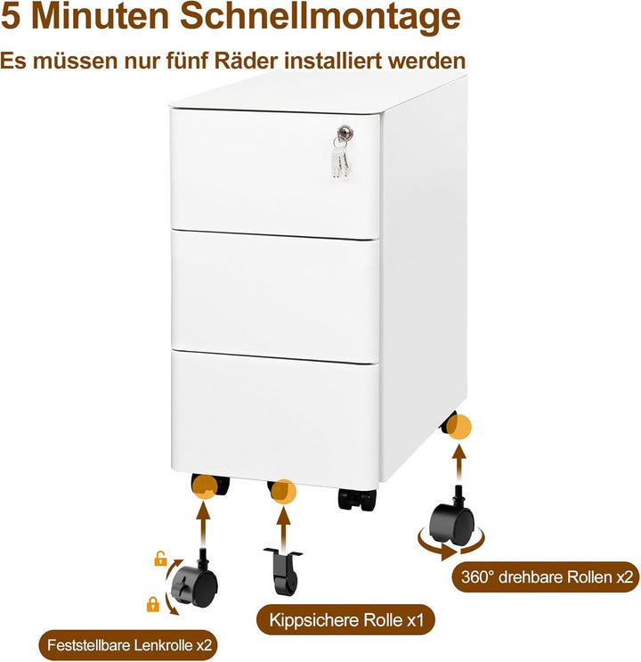 Rollcontainer, Mobiler Aktenschrank mit Schloss, Abgerundeten Ecken, 4 Schlüssel, 3 Schubladen, Druc